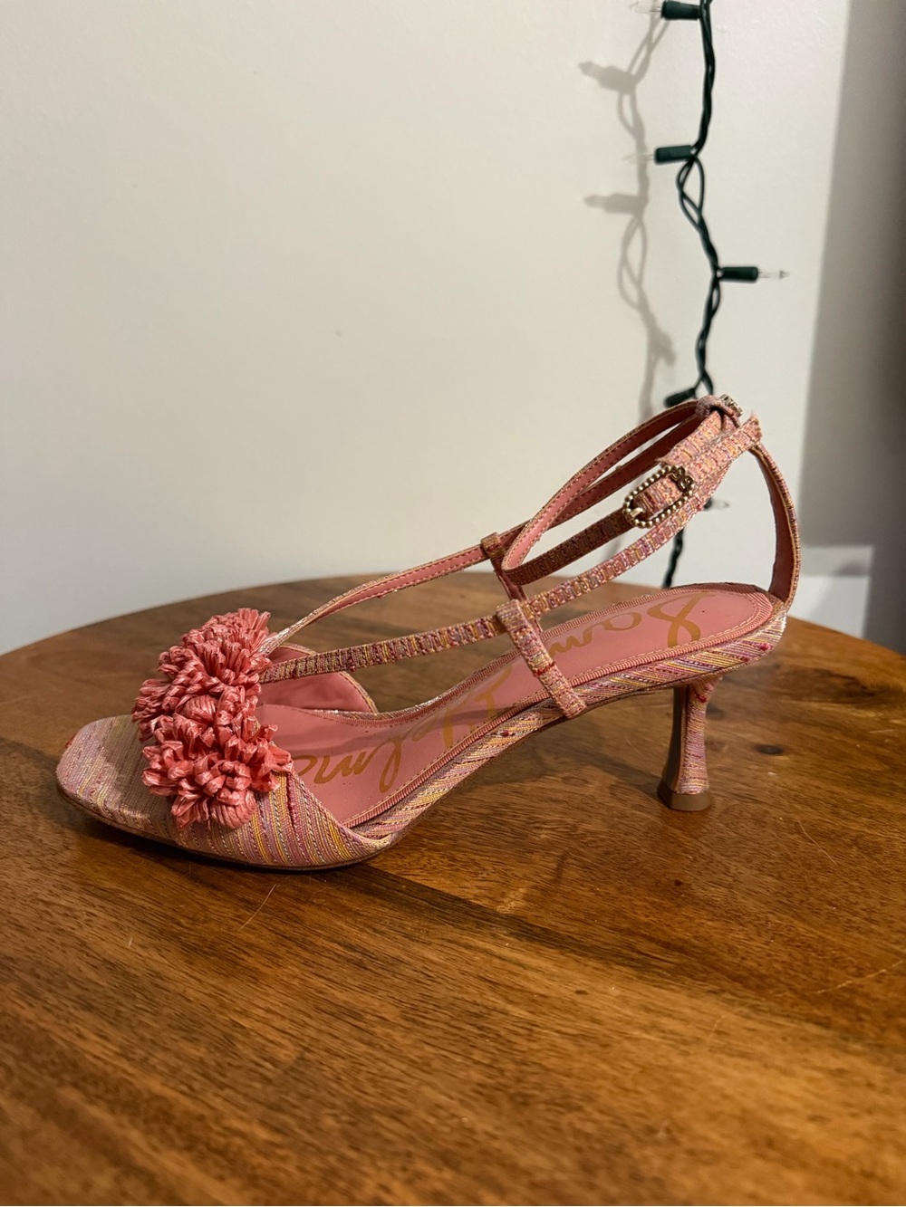Sam Edelman Pink Floral-Trim Ankle-Strap Heels - Picture 3 of 5